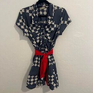 American Rag retro mini dress red bow rouching button down‎ girly L 100% cotton